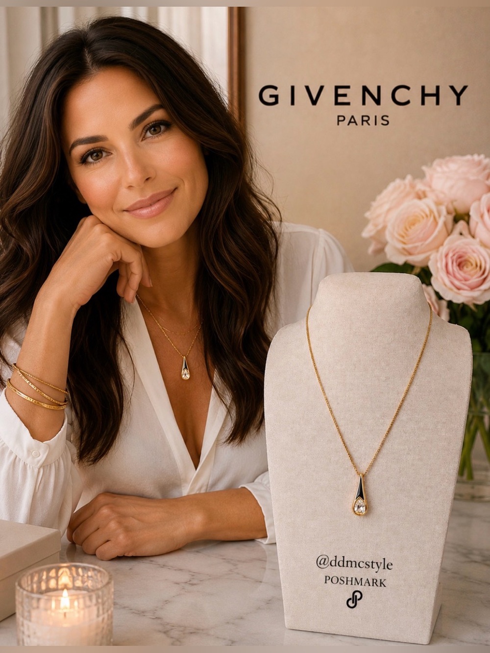 Givenchy Gold Teardrop Pendant Necklace with Clear Crystal